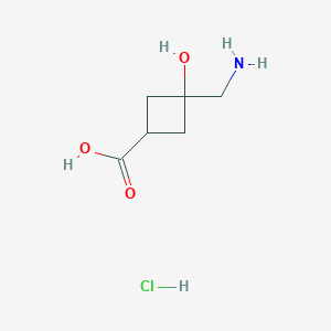 molecular formula C6H12ClNO3 B2388387 Ácido 3-(aminometil)-3-hidroxiciclobutano-1-carboxílico; clorhidrato CAS No. 2402830-28-6