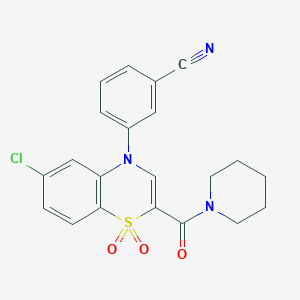 molecular formula C21H18ClN3O3S B2388411 3-(6-chloro-1,1-dioxido-2-(piperidine-1-carbonyl)-4H-benzo[b][1,4]thiazin-4-yl)benzonitrile CAS No. 1251624-65-3