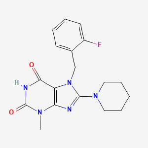 molecular formula C18H20FN5O2 B2388415 7-(2-Fluoro-benzyl)-3-methyl-8-piperidin-1-yl-3,7-dihydro-purine-2,6-dione CAS No. 674307-48-3