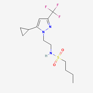 molecular formula C13H20F3N3O2S B2388425 N-(2-(5-Cyclopropyl-3-(trifluormethyl)-1H-pyrazol-1-yl)ethyl)butan-1-sulfonamid CAS No. 1797976-59-0