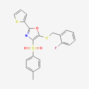 molecular formula C21H16FNO3S3 B2388428 5-((2-Fluorobenzyl)thio)-2-(thiophen-2-yl)-4-tosyloxazole CAS No. 850927-73-0