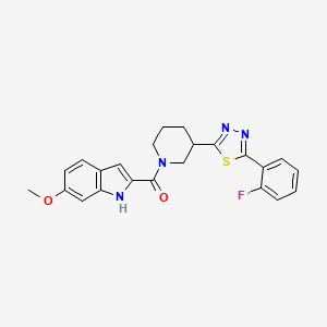 molecular formula C23H21FN4O2S B2388456 (3-(5-(2-fluorophenyl)-1,3,4-thiadiazol-2-yl)piperidin-1-yl)(6-methoxy-1H-indol-2-yl)methanone CAS No. 1351642-50-6