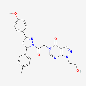 molecular formula C26H26N6O4 B2388471 1-(2-hydroxyethyl)-5-(2-(3-(4-methoxyphenyl)-5-(p-tolyl)-4,5-dihydro-1H-pyrazol-1-yl)-2-oxoethyl)-1H-pyrazolo[3,4-d]pyrimidin-4(5H)-one CAS No. 899742-78-0