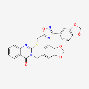 molecular formula C26H18N4O6S B2388487 2-(((3-(苯并[d][1,3]二氧杂环-5-基)-1,2,4-恶二唑-5-基)甲基)硫代)-3-(苯并[d][1,3]二氧杂环-5-基甲基)喹唑啉-4(3H)-酮 CAS No. 2034400-36-5