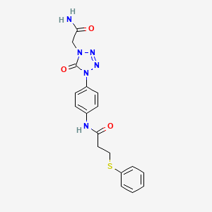 molecular formula C18H18N6O3S B2388498 N-(4-(4-(2-amino-2-oxoethyl)-5-oxo-4,5-dihydro-1H-tetrazol-1-yl)phenyl)-3-(phenylthio)propanamide CAS No. 1396881-52-9