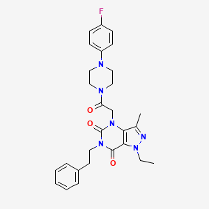 molecular formula C28H31FN6O3 B2388515 1-ethyl-4-(2-(4-(4-fluorophenyl)piperazin-1-yl)-2-oxoethyl)-3-methyl-6-phenethyl-1H-pyrazolo[4,3-d]pyrimidine-5,7(4H,6H)-dione CAS No. 1358025-10-1