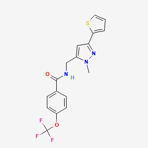molecular formula C17H14F3N3O2S B2388530 N-[(2-Methyl-5-thiophen-2-ylpyrazol-3-yl)methyl]-4-(trifluoromethoxy)benzamide CAS No. 2309189-62-4
