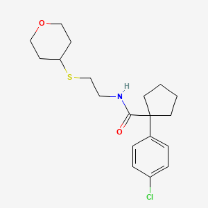 molecular formula C19H26ClNO2S B2388566 1-(4-chlorophenyl)-N-(2-((tetrahydro-2H-pyran-4-yl)thio)ethyl)cyclopentanecarboxamide CAS No. 2034446-53-0