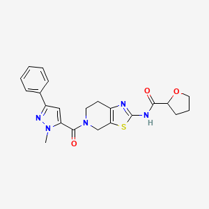 molecular formula C22H23N5O3S B2388635 N-(5-(1-methyl-3-phenyl-1H-pyrazole-5-carbonyl)-4,5,6,7-tetrahydrothiazolo[5,4-c]pyridin-2-yl)tetrahydrofuran-2-carboxamide CAS No. 1396707-39-3