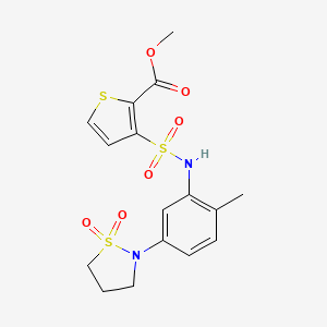 molecular formula C16H18N2O6S3 B2388651 3-(N-(5-(1,1-二氧化异噻唑烷-2-基)-2-甲苯基)磺酰胺基)噻吩-2-甲酸甲酯 CAS No. 1251575-94-6