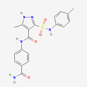 molecular formula C19H19N5O4S B2388673 N-(4-氨基甲酰苯基)-3-甲基-5-(N-(对甲苯基)磺酰胺基)-1H-吡唑-4-甲酰胺 CAS No. 1239955-00-0
