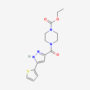 molecular formula C15H18N4O3S B2388768 ethyl 4-(5-(thiophen-2-yl)-1H-pyrazole-3-carbonyl)piperazine-1-carboxylate CAS No. 1106672-45-0