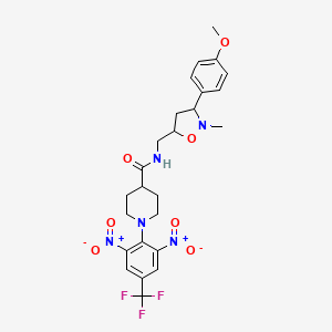 molecular formula C25H28F3N5O7 B2388938 1-[2,6-dinitro-4-(trifluoromethyl)phenyl]-N-{[3-(4-methoxyphenyl)-2-methyltetrahydro-5-isoxazolyl]methyl}-4-piperidinecarboxamide CAS No. 339276-32-3