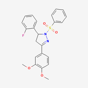 molecular formula C23H21FN2O4S B2388946 3-(3,4-dimethoxyphenyl)-5-(2-fluorophenyl)-1-(phenylsulfonyl)-4,5-dihydro-1H-pyrazole CAS No. 402947-77-7