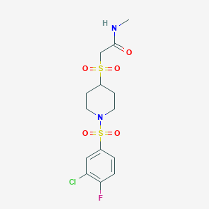 molecular formula C14H18ClFN2O5S2 B2388974 2-((1-((3-氯-4-氟苯基)磺酰)哌啶-4-基)磺酰)-N-甲基乙酰胺 CAS No. 1448072-94-3