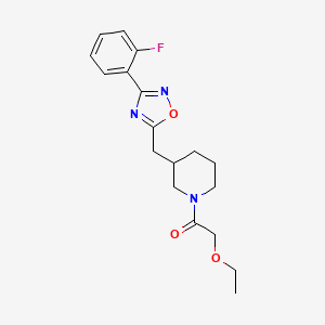 molecular formula C18H22FN3O3 B2388985 2-Ethoxy-1-(3-((3-(2-fluorophenyl)-1,2,4-oxadiazol-5-yl)methyl)piperidin-1-yl)ethanone CAS No. 1705102-47-1