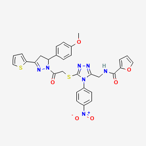 molecular formula C30H25N7O6S2 B2389002 N-((5-((2-(5-(4-methoxyphenyl)-3-(thiophen-2-yl)-4,5-dihydro-1H-pyrazol-1-yl)-2-oxoethyl)thio)-4-(4-nitrophenyl)-4H-1,2,4-triazol-3-yl)methyl)furan-2-carboxamide CAS No. 393586-17-9