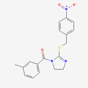 molecular formula C18H17N3O3S B2389144 (2-((4-nitrobenzyl)thio)-4,5-dihydro-1H-imidazol-1-yl)(m-tolyl)methanone CAS No. 851802-13-6