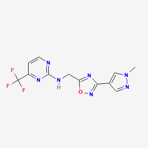 molecular formula C12H10F3N7O B2389171 N-((3-(1-methyl-1H-pyrazol-4-yl)-1,2,4-oxadiazol-5-yl)methyl)-4-(trifluoromethyl)pyrimidin-2-amine CAS No. 2034337-84-1