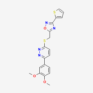 molecular formula C19H16N4O3S2 B2389266 3-(3,4-Dimethoxyphenyl)-6-({[3-(2-thienyl)-1,2,4-oxadiazol-5-yl]methyl}thio)pyridazine CAS No. 1115285-67-0