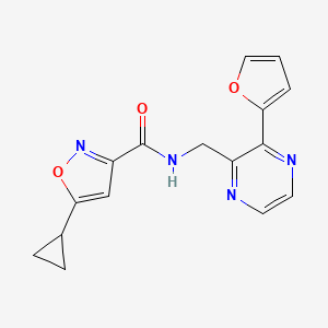 molecular formula C16H14N4O3 B2389306 5-cyclopropyl-N-((3-(furan-2-yl)pyrazin-2-yl)methyl)isoxazole-3-carboxamide CAS No. 2034427-87-5