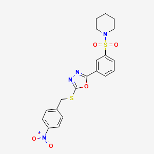 molecular formula C20H20N4O5S2 B2389314 2-[(4-Nitrophenyl)methylsulfanyl]-5-(3-piperidin-1-ylsulfonylphenyl)-1,3,4-oxadiazole CAS No. 556027-24-8