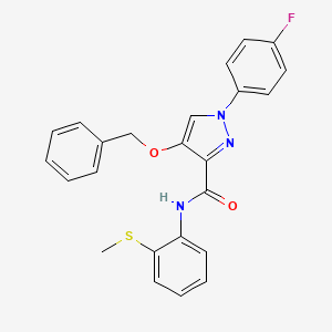 molecular formula C24H20FN3O2S B2389341 4-(ベンジルオキシ)-1-(4-フルオロフェニル)-N-(2-(メチルチオ)フェニル)-1H-ピラゾール-3-カルボキサミド CAS No. 1210707-96-2