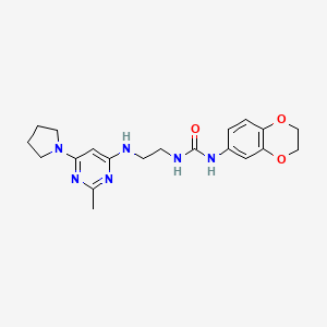 molecular formula C20H26N6O3 B2389503 1-(2,3-Dihydrobenzo[b][1,4]dioxin-6-yl)-3-(2-((2-methyl-6-(pyrrolidin-1-yl)pyrimidin-4-yl)amino)ethyl)urea CAS No. 1203003-27-3