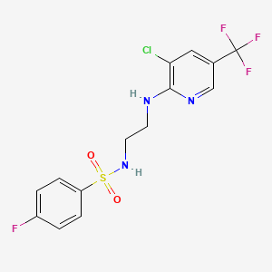 molecular formula C14H12ClF4N3O2S B2389518 N-(2-{[3-chloro-5-(trifluoromethyl)-2-pyridinyl]amino}ethyl)-4-fluorobenzenesulfonamide CAS No. 338961-89-0