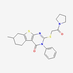 molecular formula C23H25N3O2S2 B2389530 11-甲基-5-{[2-氧代-2-(吡咯烷-1-基)乙基]硫代}-4-苯基-8-硫杂-4,6-二氮杂三环[7.4.0.0^{2,7}]十三-1(9),2(7),5-三烯-3-酮 CAS No. 500113-36-0