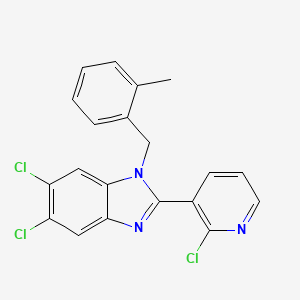 molecular formula C20H14Cl3N3 B2389543 5,6-dichloro-2-(2-chloro-3-pyridinyl)-1-(2-methylbenzyl)-1H-1,3-benzimidazole CAS No. 338774-09-7
