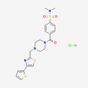 molecular formula C21H25ClN4O3S3 B2389674 N,N-dimethyl-4-(4-((4-(thiophen-2-yl)thiazol-2-yl)methyl)piperazine-1-carbonyl)benzenesulfonamide hydrochloride CAS No. 1216898-29-1