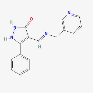 molecular formula C16H14N4O B2389831 5-phenyl-4-{[(3-pyridinylmethyl)amino]methylene}-2,4-dihydro-3H-pyrazol-3-one CAS No. 338975-73-8