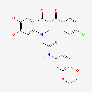 molecular formula C28H23ClN2O7 B2389847 2-[3-(4-chlorobenzoyl)-6,7-dimethoxy-4-oxoquinolin-1-yl]-N-(2,3-dihydro-1,4-benzodioxin-6-yl)acetamide CAS No. 866808-37-9
