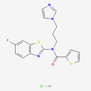 molecular formula C18H16ClFN4OS2 B2389925 N-(3-(1H-imidazol-1-yl)propyl)-N-(6-fluorobenzo[d]thiazol-2-yl)thiophene-2-carboxamide hydrochloride CAS No. 1219185-15-5