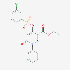 molecular formula C19H15ClN2O6S B2389958 Ethyl 4-(((3-chlorophenyl)sulfonyl)oxy)-6-oxo-1-phenyl-1,6-dihydropyridazine-3-carboxylate CAS No. 899728-55-3