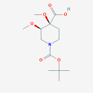 molecular formula C13H23NO6 B2389972 (3R,4S)-3,4-Dimethoxy-1-[(2-methylpropan-2-yl)oxycarbonyl]piperidine-4-carboxylic acid CAS No. 2418594-46-2