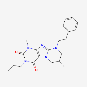 molecular formula C21H27N5O2 B2390051 1,7-二甲基-9-苯乙基-3-丙基-6,7,8,9-四氢吡啶并[2,1-f]嘌呤-2,4(1H,3H)-二酮 CAS No. 877616-22-3