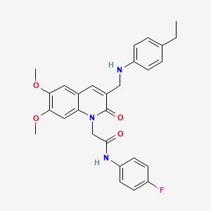 molecular formula C28H28FN3O4 B2390173 2-(3-(((4-ethylphenyl)amino)methyl)-6,7-dimethoxy-2-oxoquinolin-1(2H)-yl)-N-(4-fluorophenyl)acetamide CAS No. 894557-03-0