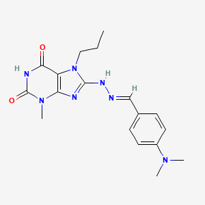 molecular formula C18H23N7O2 B2390176 （E）-8-(2-(4-(二甲氨基)亚苄基)肼基)-3-甲基-7-丙基-1H-嘌呤-2,6(3H,7H)-二酮 CAS No. 375828-57-2