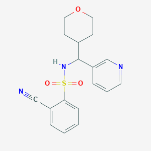 molecular formula C18H19N3O3S B2390190 2-cyano-N-(pyridin-3-yl(tetrahydro-2H-pyran-4-yl)methyl)benzenesulfonamide CAS No. 2034249-38-0