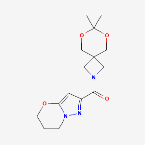 molecular formula C15H21N3O4 B2390191 (6,7-dihydro-5H-pyrazolo[5,1-b][1,3]oxazin-2-yl)(7,7-dimethyl-6,8-dioxa-2-azaspiro[3.5]nonan-2-yl)methanone CAS No. 1448053-03-9