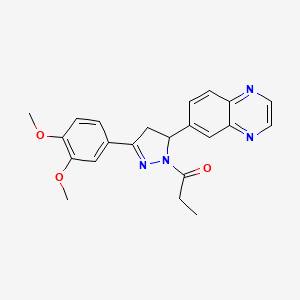 molecular formula C22H22N4O3 B2390194 1-(3-(3,4-dimethoxyphenyl)-5-(quinoxalin-6-yl)-4,5-dihydro-1H-pyrazol-1-yl)propan-1-one CAS No. 942034-27-7