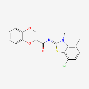 molecular formula C18H15ClN2O3S B2390229 (Z)-N-(7-氯-3,4-二甲基苯并[d]噻唑-2(3H)-亚甲基)-2,3-二氢苯并[b][1,4]二噁英-2-甲酰胺 CAS No. 1321683-70-8