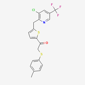 molecular formula C20H15ClF3NOS2 B2390328 1-(5-((3-Chloro-5-(trifluoromethyl)-2-pyridinyl)methyl)-2-thienyl)-2-((4-methylphenyl)sulfanyl)-1-ethanone CAS No. 338411-67-9