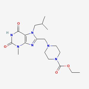 molecular formula C18H28N6O4 B2390366 Ethyl 4-[[3-methyl-7-(2-methylpropyl)-2,6-dioxopurin-8-yl]methyl]piperazine-1-carboxylate CAS No. 862979-40-6