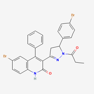 molecular formula C27H21Br2N3O2 B2390386 6-bromo-3-(5-(4-bromophenyl)-1-propionyl-4,5-dihydro-1H-pyrazol-3-yl)-4-phenylquinolin-2(1H)-one CAS No. 327039-31-6