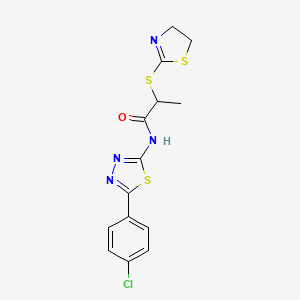 molecular formula C14H13ClN4OS3 B2390389 N-(5-(4-chlorophenyl)-1,3,4-thiadiazol-2-yl)-2-((4,5-dihydrothiazol-2-yl)thio)propanamide CAS No. 394234-24-3