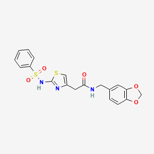 molecular formula C19H17N3O5S2 B2390439 N-(benzo[d][1,3]dioxol-5-ylmethyl)-2-(2-(phenylsulfonamido)thiazol-4-yl)acetamide CAS No. 922130-03-8