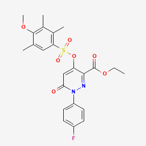 molecular formula C23H23FN2O7S B2390559 1-(4-氟苯基)-4-(((4-甲氧基-2,3,5-三甲基苯基)磺酰基)氧基)-6-氧代-1,6-二氢哒嗪-3-羧酸乙酯 CAS No. 899992-03-1